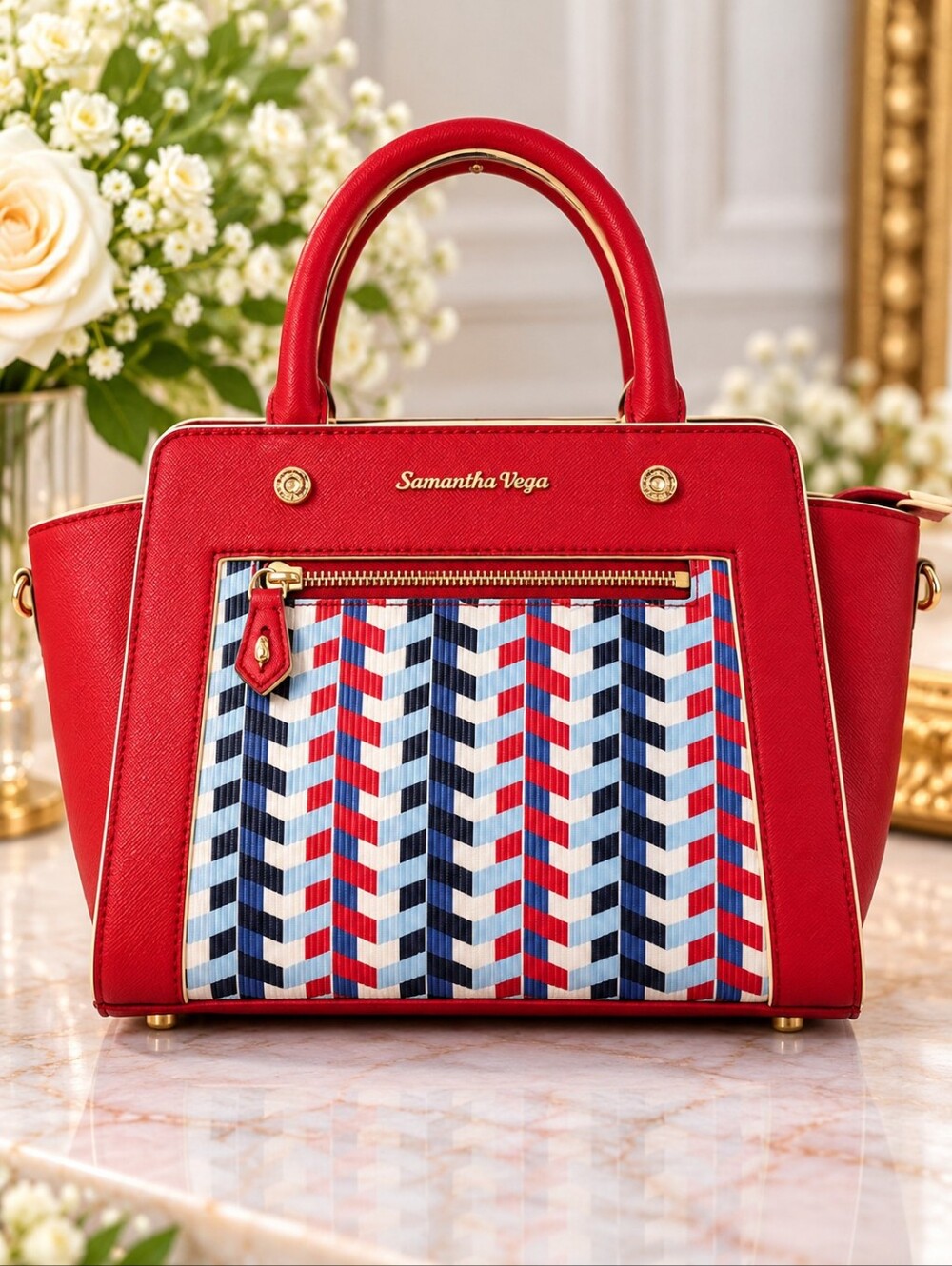 Samantha Vega Red Tricolor Geometric 2-Way Satchel Shoulder Handbag Womens Purse
